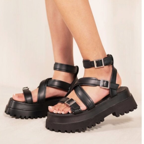 No Doubt Shoes - Women’s Black Chunky Open Toe Ankle Buckle Platform Sandals